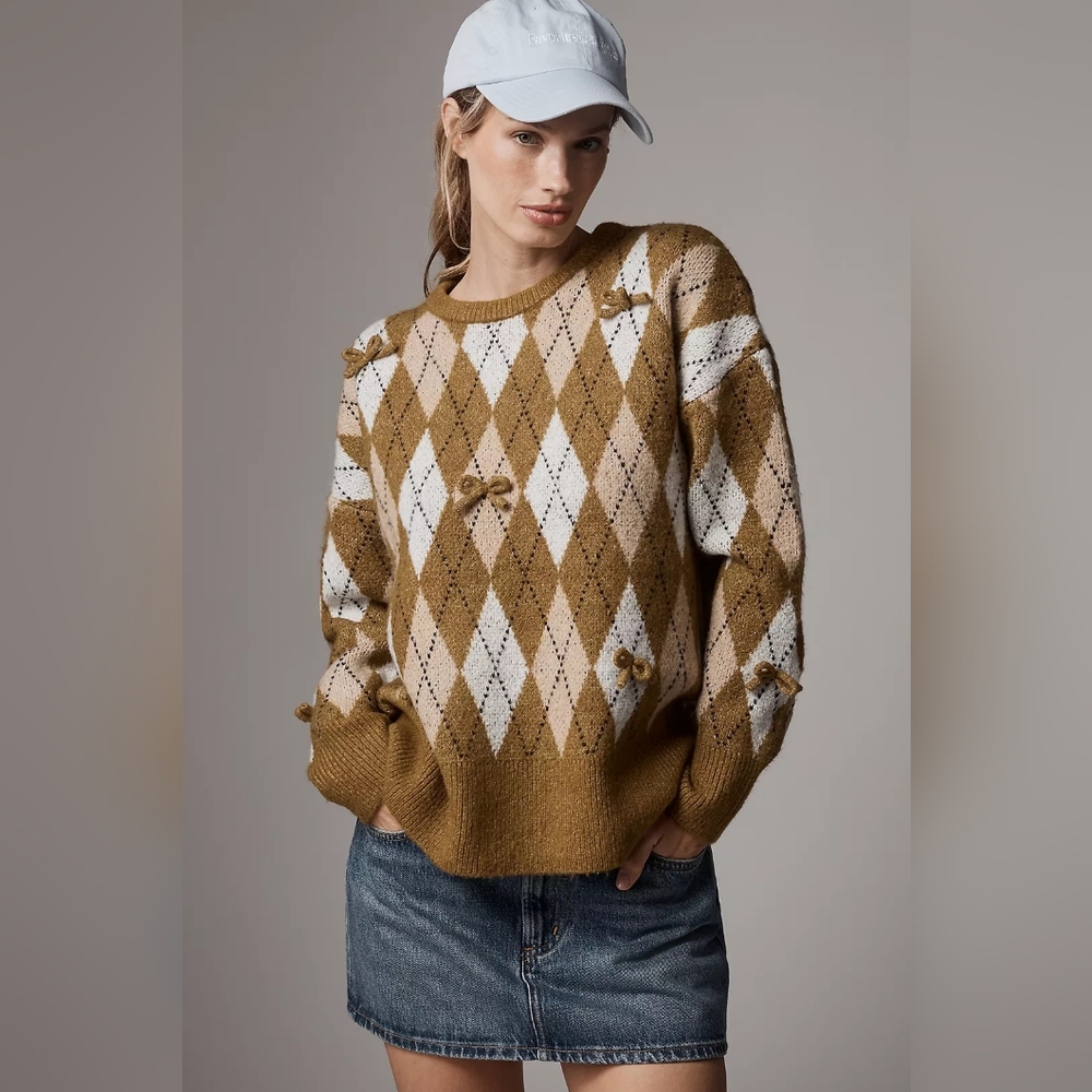 Anthropologie Maeve 3D Bow Argyle Crew-Neck Jumper - Picture 9 of 9